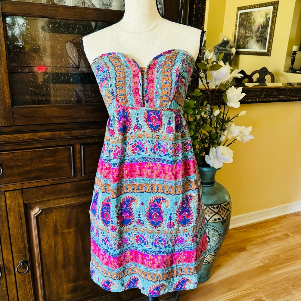 Maple Anthropologie Silk Floral Strapless Paisley Boho Dress Sz 4